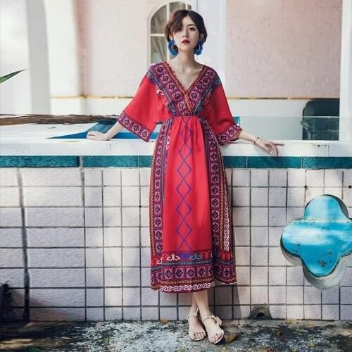 Boho Chic Ladies Dresses Mexican Print V Neck Slit Short Sleeve Tropical Dress Hippie Beach Kaftan 2019 Summer Dresses AA4652