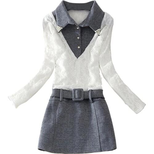 Winter Warm Plus Velvet Dress Women Long Sleeve Casual Patchwork Lace Dresses Elegant Turn-down Collar A-Line Vestidos De Festa