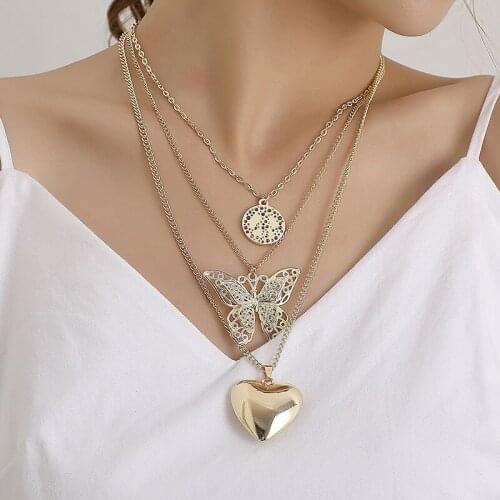 Chic Exaggerated Big Butterfly Love Heart Pendant Necklace Women Vintage Multilayer Chains Geometric Necklace Jewelry Kolye