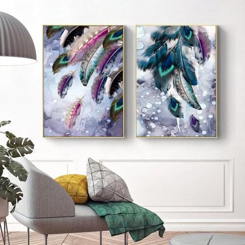 Abstract Luxury Feathers Canvas Painting Nordic Green Purple Feathers Poster Print Modern Wall Art Picture For Room Home Decor