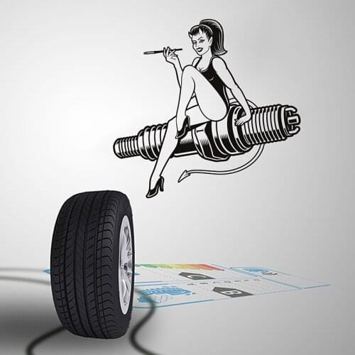 Large Sex Devil girl Car Repair Servic Piston Wrench Wall Sticker Car Repair Servic Garage Wall Decal Vinyl Decor C9024