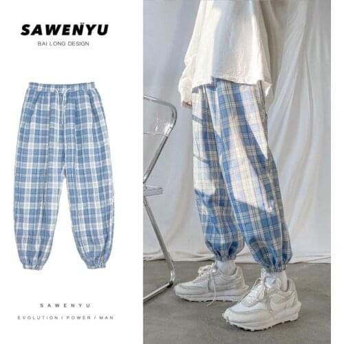 Summer Korean Plaid Pants Mens Fashion Retro Drawstring Casual Pants Men Streetwear Loose Hip Hop Straight Pants Men Trousers