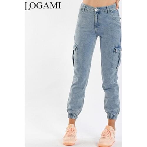 LOGAMI High Waist Side Pocket Jeans Woman Spring Autumn Harem Denim Pants Safari Style Boyfriend Jeans