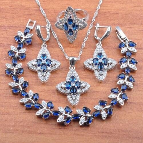 Star Design Blue Natural ZirconSilver Color Jewelry Set Women Earrings Necklace Pendant Rings Bracelet Set JS0345