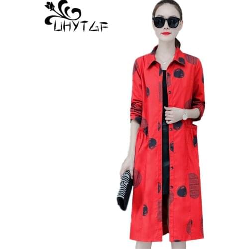 UHYTGF Fashion Polka Dot Thin Windbreaker Womens Single-Breasted Korean Slim Plus Size Outerwear Female Spring Trench Coat 1634