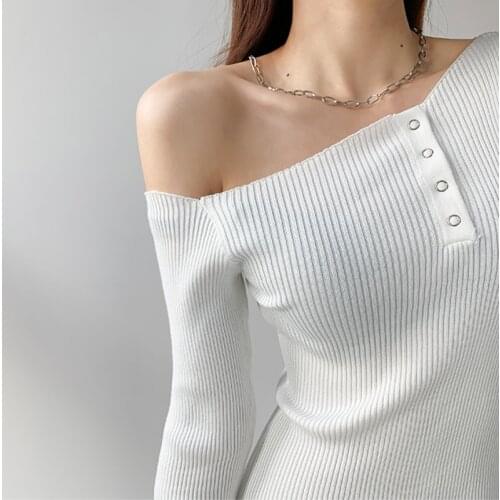 TVVOVVIN Fashion Diagonal Collar Off Shoulder Knitted Screw Thread Mini Dress For Women Sexy Package Hip Dresses Kz5q