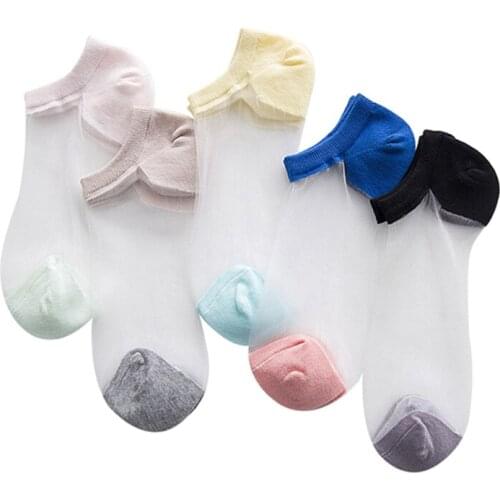 5 Pairs Sexy Short Socks Women Girl Crystal Glass Silk Mesh Knit Lace Transparent Summer Invisible Ankle Socks Slippers Cute Sox