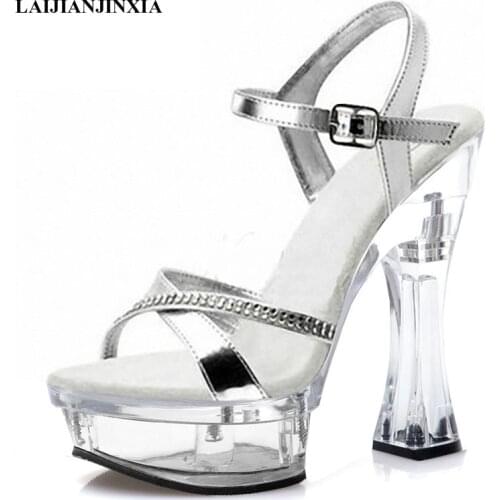 New Clear Crystal Thin heels Big Size Womens Sandals 14 CM High Heeled Shoes Sexy Fetish Trend Nightclub Pole Dancing Shoes