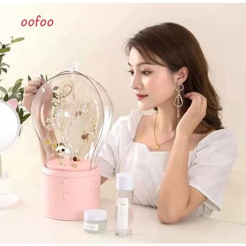 Magic Forest Jewelry Organizer with LED Light 360° Rotating Girls Drawer Earrings Ring Necklace Holder Storage Case Casket