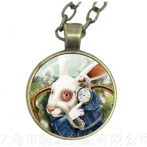 Alice In Wonderland Necklace Cheshire Cat Glass Round Dome DIY Jewelry Charm Pendant Sweater chain For For Girls Women Gift