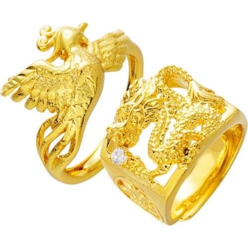 Unisex Simple 24K gold color Dragon and phoenix Couple Rings for Men Women Engagement Wedding lucky luxury Jewelry wholesale