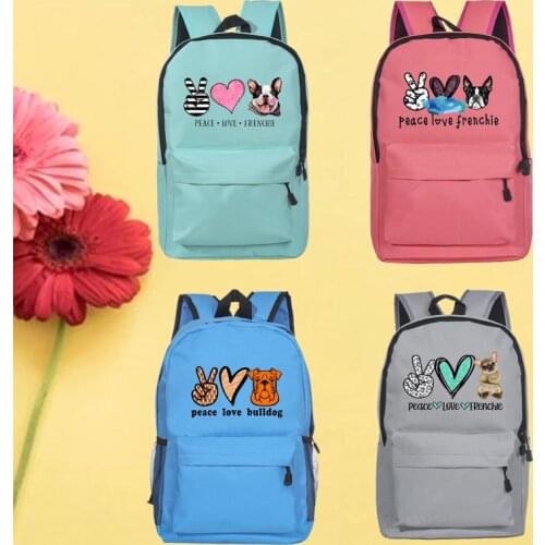 Peace Love Bulldog Print Canvas School Bags for Teenage Girl Female Children Shoulder Bag Trend Fashion Backpacks Women Backpack
