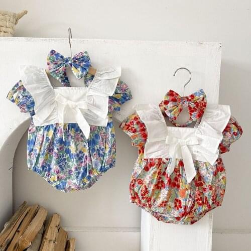 Baby Girls Short Sleeve Floral Rompers Summer Baby Clothes Rompers Kids Girls Bowknot Rompers Infant Clothing Rompers