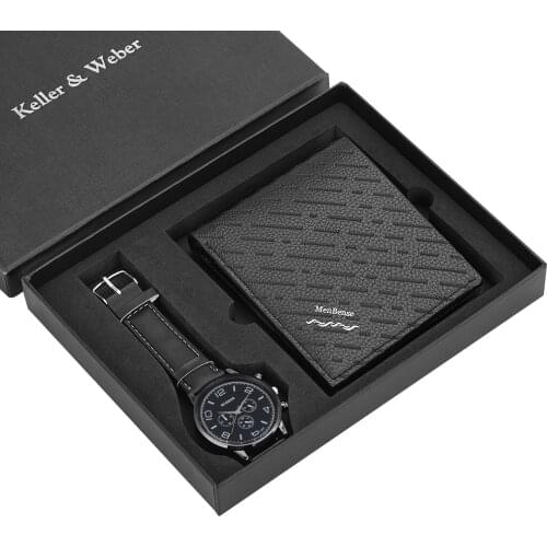 Wallet Watch Gifts Set 3ATM Quartz Mens Watches Wave Point Twill Wallet Gift Box For Dad Husband Boyfriend Reloj Carteira