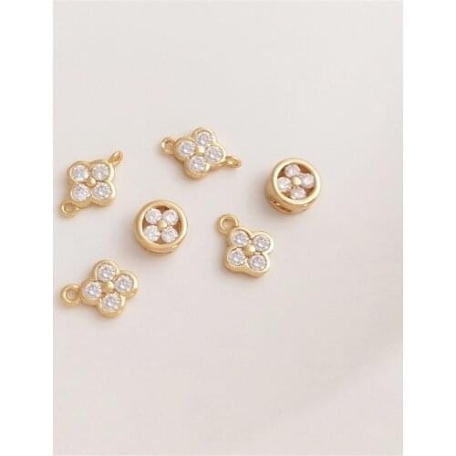 14K Gold Filled Zircon four-leaf clover pendant round lucky grass bead handmade first jewelry double hanging accessories