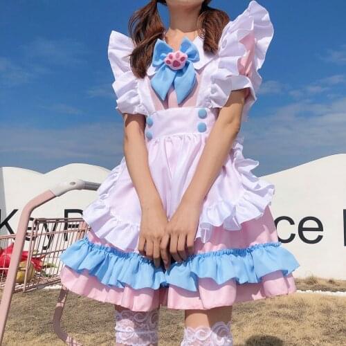 Plus size XS-4XLWomen Maid Outfit Anime Cute Cat Pink Blue Lace Trim Apron Cat paw Lolita Dresses Cosplay Costume Full set