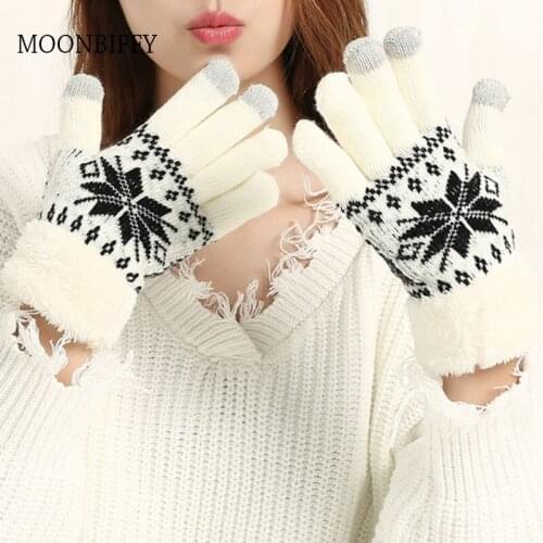 Rimiut Thick Cashmere Two Layer Winter Gloves for Women Snowflake Knitted Pattern Full Finger Skiing & Touch Screen Glove