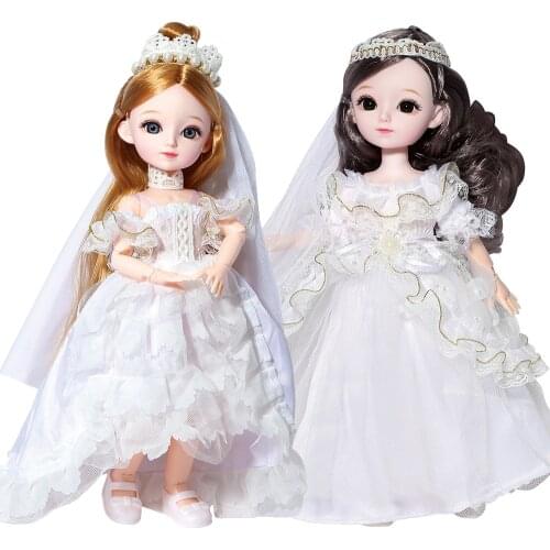 12 Inch Ball Jointed Wedding Bjd Doll DIY Hot Toys Bride Doll In White Dress Doll Princess Gown Clothes With Veil Dolls For Girl