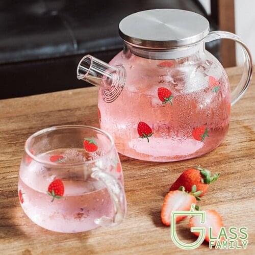 Glass Water Pitcher with Strawberry Pattern Glass Jug with Stainless Steel Lid and Filter Heat Resistant Carafe Glass Cup Set