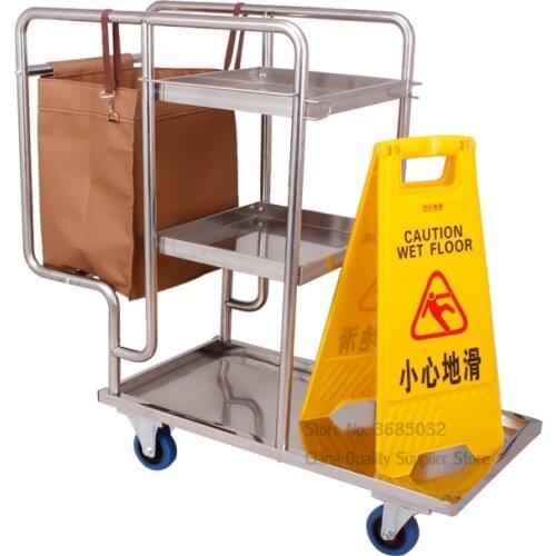 3 Shelf Stainless Steel Janitor Cart With Cloth Bag Housekeeping Cart Hotel Mute Wheel Commercial Hotel Cleaning Cart