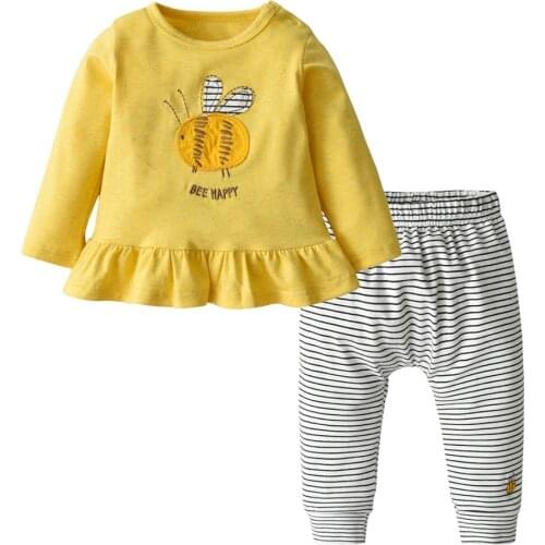Infant Toddler Baby Girls Clothes Sets Pure Cotton Bee Pattern Full Sleeve Tops+Slim Pants 2Pcs Baby indoor Clothing