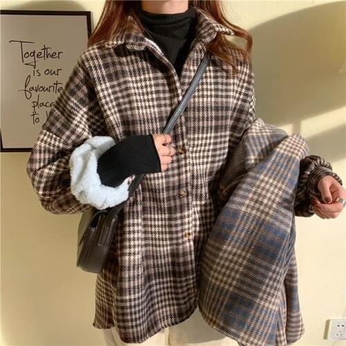 HOUZHOU Vintage Plaid Shirts Winter Warm Thick Korean Style Oversized Blouse Velvet Harajuku Long Sleeve All-match Casual Tops