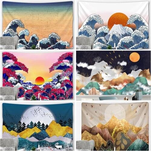 Japan Kanagawa Printed Hanging Tapestry Mountain Sun Great Wave Painting Tapestry Polyester Boho Bedspread Yoga Mat Blanket