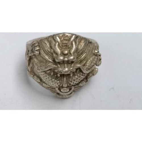 YIZHU CULTUER ART Collection Old China Tibet Silver Handmade Sculpture Dragon Ring Ornament Gift
