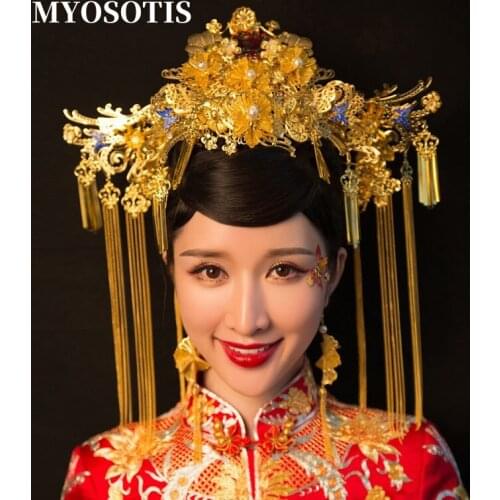 Traditional Chinese Hairpin Gold Hair Combs Wedding Hair Accessories Headband Stick Headdress Head Jewelry Bridal Headpiece Pin