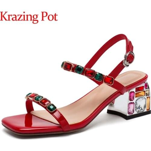 Krazing pot summer new arrival big size square toe high heels crystal diamond open toe sweet buckle straps women sandals L6f9