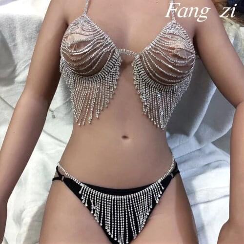 Womens fashion shining Rhinestone bra suit body chain luxury crystal tassel Bikini Bra and thong accessories jewelry underwear