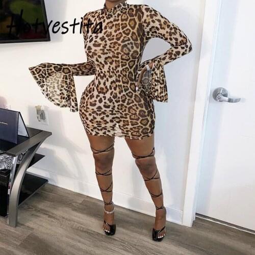 Hotvestita Leopard Print Turtleneck Long Flare Sleeve Mini Dress 2021 Spring Womens Bodycon Slim Dresses Elegant Party Clubwear
