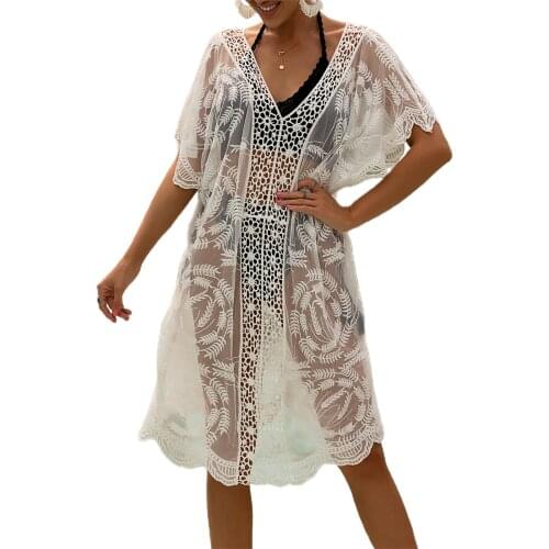 Womens Hollow Out Beach Dress, Sexy Short Sleeve Sheer Crochet Swimsuit Cover Up Dress 2021 New Fashion