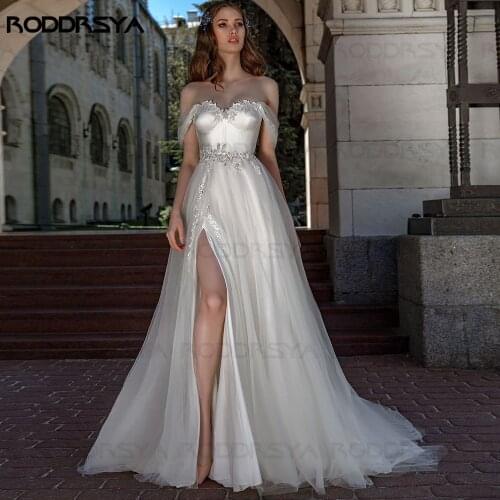 Fashion Sexy High Split A-Line Weddding Dress Appliqued Sweetheart Off Shoulder Bridal Gowns Backless vestidos de novia 2020