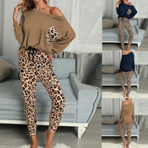 2PCS Blouse Pant Women Long Sleeve Blouse Top Skinny Pants Leopard Loungewear Homewear Outfit Leopard Drawstring Skinny Pants