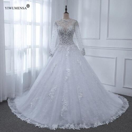 A1 Crystals Beading Bodice Long Sleeves Wedding Dresses 2020 See Through Tulle Princess Ball Gown Bride Dress Lace Vestido Novia