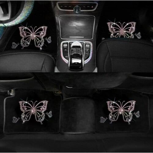 Car Mats Floor Mat Velvet Butterfly Diamonds Carpet for Women Car Interior Accessories Easy To Clean Car Carpets Universal 5pcs