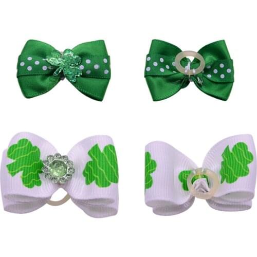 100pcs St. Patricks Day Pet Dog Hair bows White Green Clover Dog Hair Accessories Pet Grooming