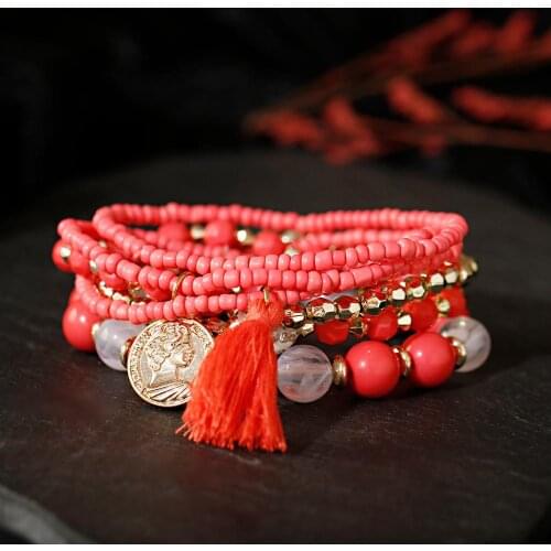 6pcs/Set Charms Beaded Bracelets For Women Bangles Jewelry Tassel Layered Wrap Bracelet Beads Boho Style Female Vintage Pulseras