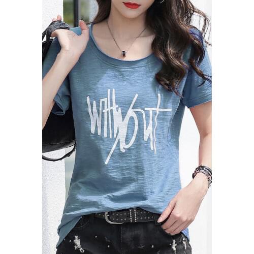 Slub Cotton Short-Sleeved T-shirt for Women Summer New Korean Style Loose plus Size Print Casual Half Sleeve T-shirt