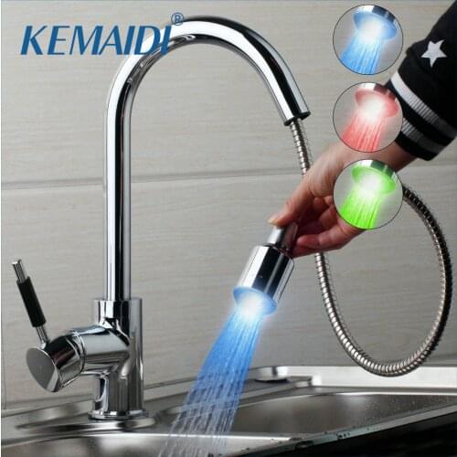 KEMAIDI Kitchen Faucet Chrome Finished Brass LED Swivel Faucet kitchen sink Mixer Tap Great pull out With spray button