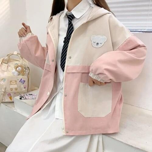 Japanese preppy style sweet E-girl hooded jacket streetwear autumn loose zipper outerwear y2k Harajuku Oversize cargo jacket