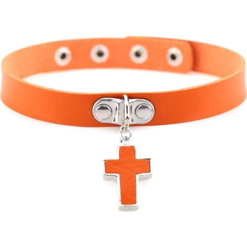 Neo Gothic Hippie Simple Orange Red Black Rose Pink Leather Ban Cross Pendant Charm Button Adjustable Choker Necklace For Women