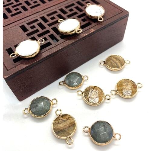 5pcs Natural Stone Necklace Pendant Faceted Round Double Ring Connector Handmade Jewelry Making Fashion Bracelet Accessories