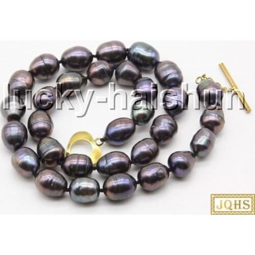 Genuine 17" 14mm Baroque rice black brown freshwater pearls knotted Necklace c32