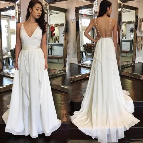 Simple Chiffon Wedding Dresses Sexy V Neck A Line Boho Wedding Gowns Sweep Train Customize Bridal Dresses