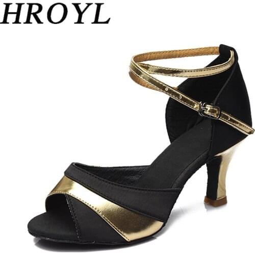 HROYL Womens Latin Dance Shoes Heels Sandals Ballroom Tango Dancing Shoes For Girls 5/7CM Gold Silver Red Shoes For Dancing