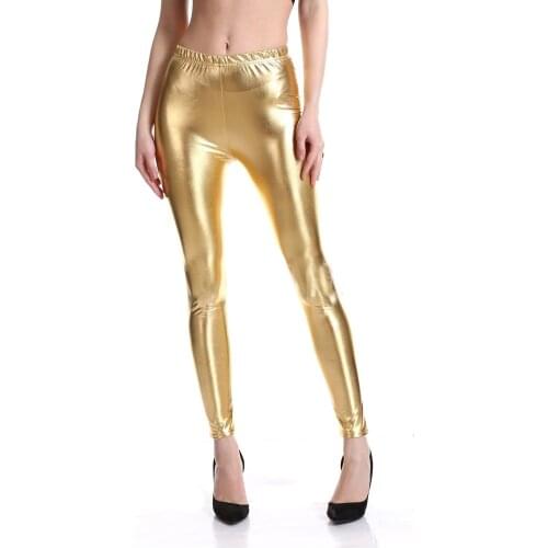 Wendywu Sexy Lady PU Faux Leather Skinny Silver Golden Metallic Bright Sequin Pants Shining Fitness Leggings