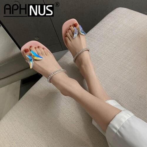 APHNUS Womens Sandals Slippers Slides Bowtie Rhinestone Mid High Heels Pumps Woman 2021 Shoes For Women New Open Toe