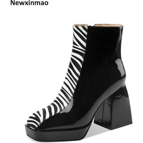 2021 New Concise Side Zipper Platform Female Women Winter Boots Genuine Leather Chunky Heels Pumps Working Party Shoes Woman